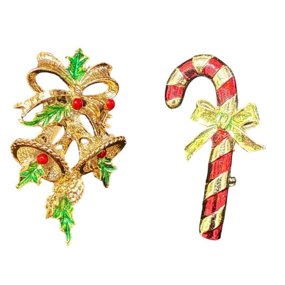 Vintage Holiday Pins By Gerrys Set Of 2 Candy Cane Brooch & Bells & Holly Brooch
